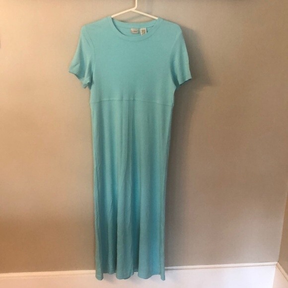 LL BEAN SIZE SP TURQUOISE BLUE SHORT SLEEVE 100% COTTON T SHIRT MAXI DRESS - Picture 2 of 6